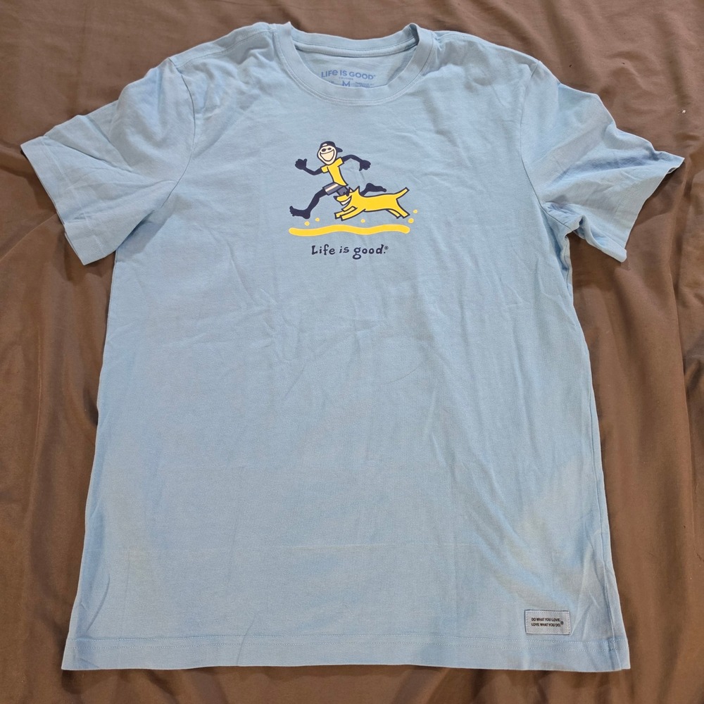 Life is Good Mens Crusher Tee Blue Jake Running with Dog Graphic T-Shirt Size M